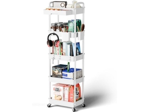 Chariot cuisine 5 niveaux spacekeeper blanc 1 tiroir verrouillable 5 paniers ventilés roues 360°
