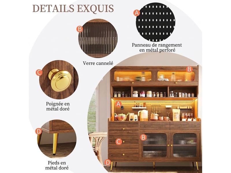  Buffet de cuisine haut noyer 145x39x171 cm avec led et porte relevable, meuble étroit  - Conforama D