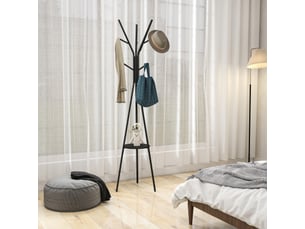 Porte-manteau trépied design contemporain branches étagère + 9 patères dim. 45l x 45l x 180h cm noir métal