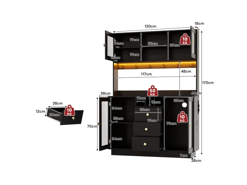 Buffet de cuisine haut avec 4 portes, 3 tiroirs, led rgb et prises pour cuisine en mdf noir 120 × 40 × 170 cm - Conforama C