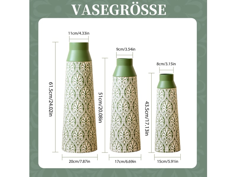  Lot de 3 vases de sol en métal vert à motifs rétro, h 61,55143,5 cm  - Conforama B