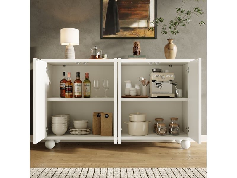  Buffet blanc 4 portes en mdf et métal, 120 x 35 x 71 cm, avec rangement et séparation réglable  - Conforama C