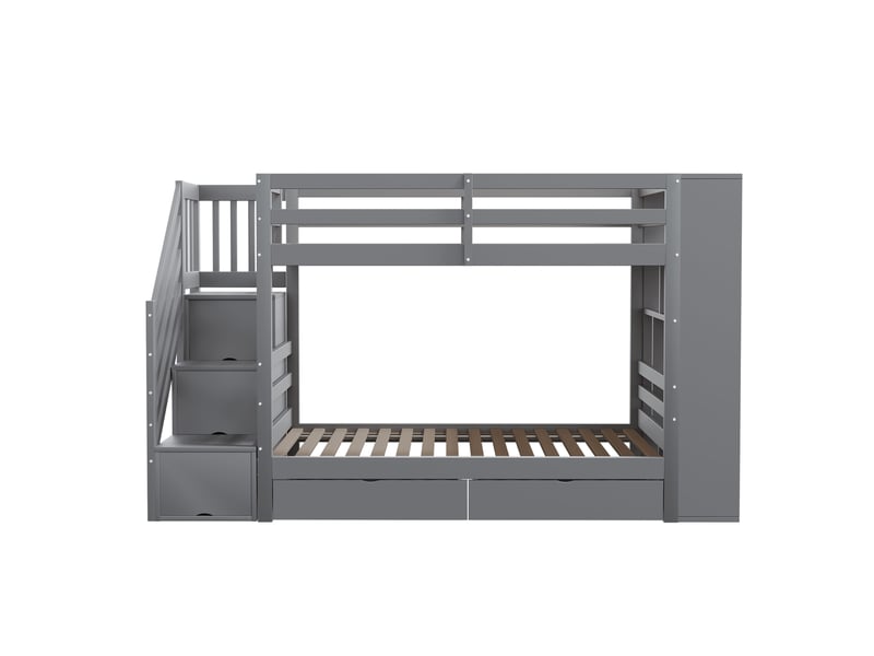  Lit superposé enfant 90x200 cm gris, escalier avec rangements, tiroirs et barrières hautes Fay Lum - Conforama E