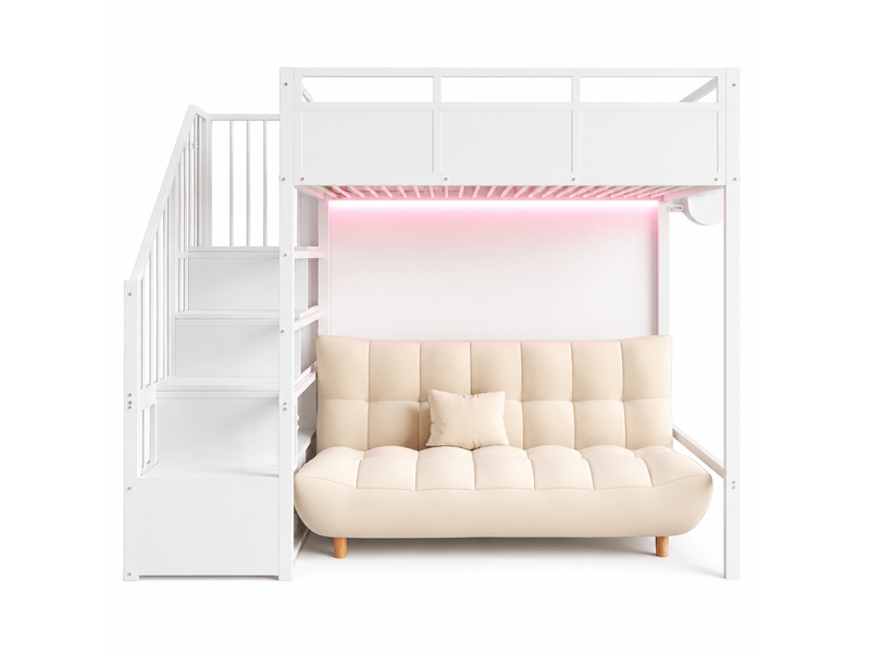 Lit mezzanine enfant 90 x 200 cm avec échelle de rangement réversible, garde-corps haut, led, structure en métal et panneaux bois, blanc - Conforama A