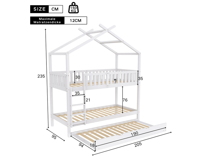 Lit superposé cabane 90x200 cm blanc avec lit gigogne  - Conforama C