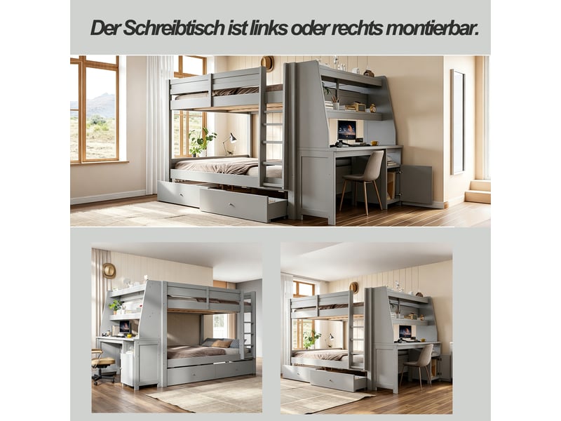 Lit superposé 2 places 140x200 cm avec bureau, armoire, étagères et 2 tiroirs - bois gris - Conforama D