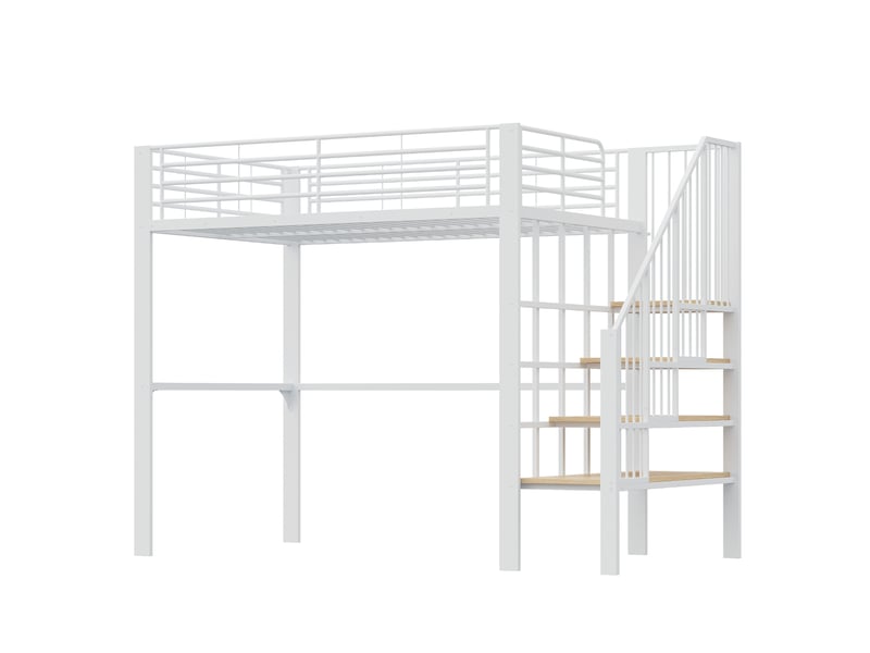  Lit mezzanine 140x200 cm, escalier sécurisé, rangement sous le lit spacieux, métal robuste, bois et métal, blanc sans matelas  - Conforama A