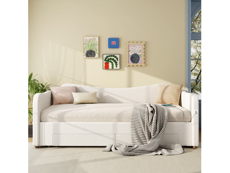  Couchage gigogne, 90x200 cm, lit banquette, tête de lit, recharge, bouclé, matelas non inclus, tissu, coloris beige  - Conforama D