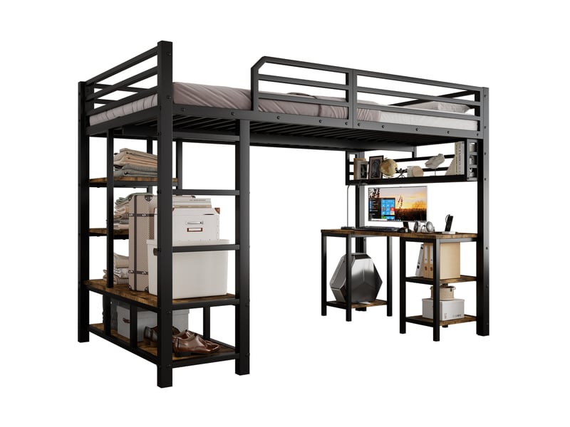  Lit mezzanine 120x200 cm avec bureau intégré, rangement, métal et panneau de particules noir et brun sans matelas  - Conforama A