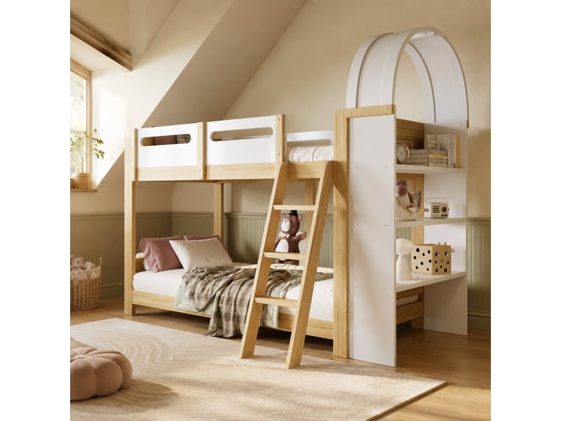 Lit superposé enfant 2 places 90×200 cm, étagères, barrière - sans matelas, pin et mdf - blanc naturel - Conforama B