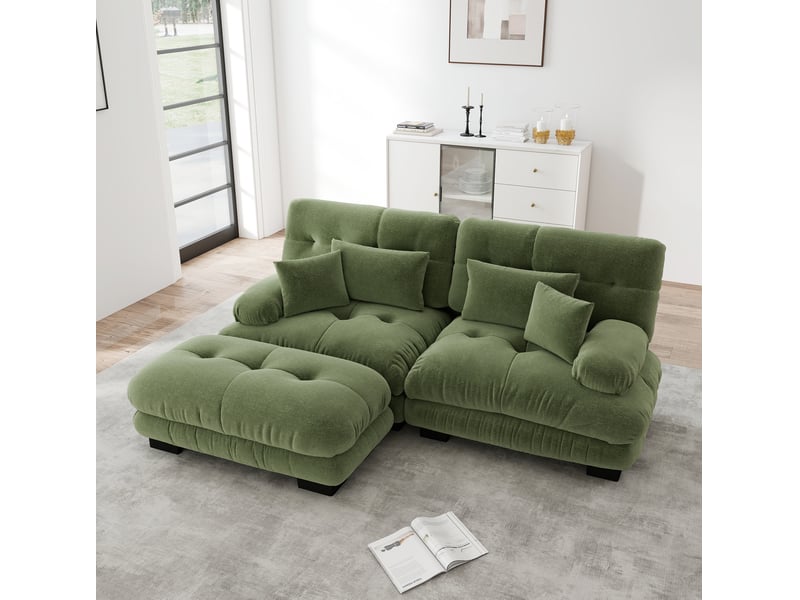  Canapé modulaire 220x145x81cm 2 places, coussins inclus, assise confortable, structure en bois, tissu chenille, vert  - Conforama B
