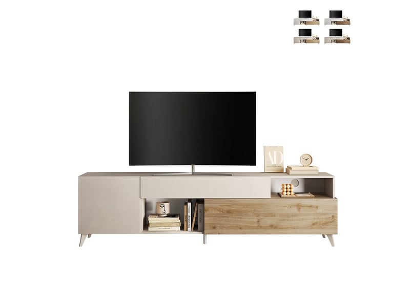 Meuble tv moderne blanc bois avec tiroir et 2 portes 241x42x67cm clere - chêne - blanc  - Conforama A