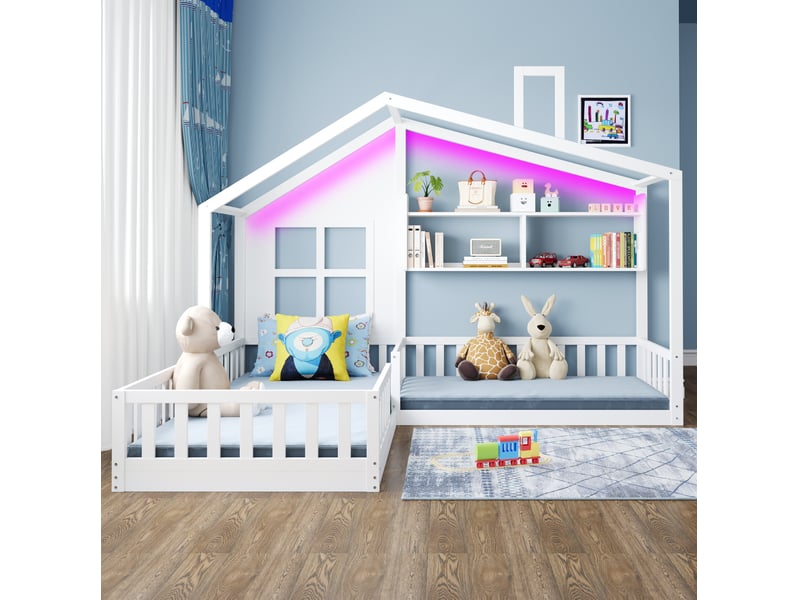 Lit cabane enfant 90x200 cm – blanc – led, étagères intégrées et barrières de sécurité – sans matelas - Conforama B