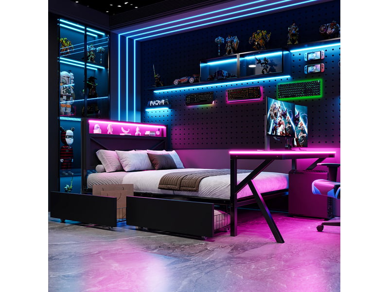 Lit plateforme gaming 140x200 cm, bureau, led tête de lit, 2 tiroirs, cadre métal, mdf, noir sans matelas - Conforama D
