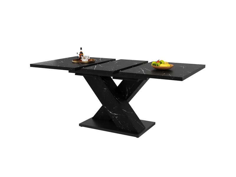  Table à manger rectangulaire extensible 119-158,5 x 80 cm, plateau mdf effet marbre noir, piètement en x, rails métalliques, 4 à 6 places  - Conforama A