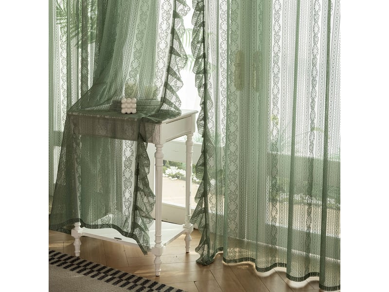 Rideau voilage bohème en dentelle 150 × 175 cm, ourlet volanté, finition à volants, poche passe-tringle, rideau décoratif pour chambre et cuisine - Conforama C