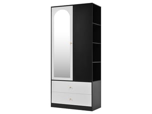 Armoire penderie avec miroir 1 porte 2 tiroirs étagères blanc et noir