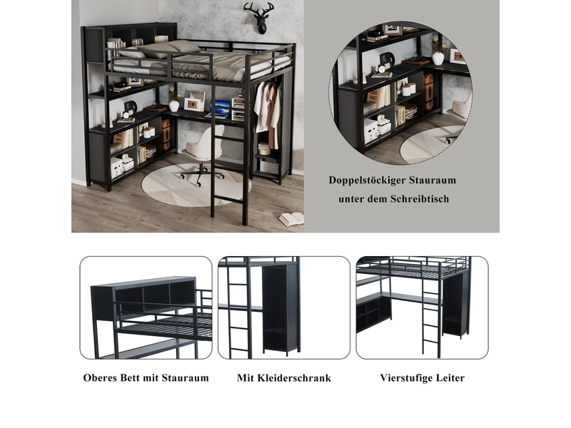  Lit mezzanine,140x200 cm,avec rangement,métal et panneau de particules,noir  - Conforama E
