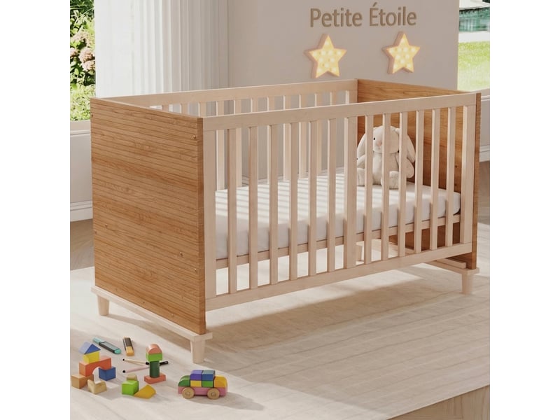 Lit bébé en bois naturel 70x140 cm, réglable en hauteur 5 niveaux, bois massif et mdf - Conforama B