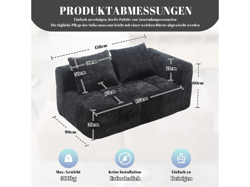  Canapé de salon, canapé moderne — poches latérales, noir, sans montage  - Conforama R