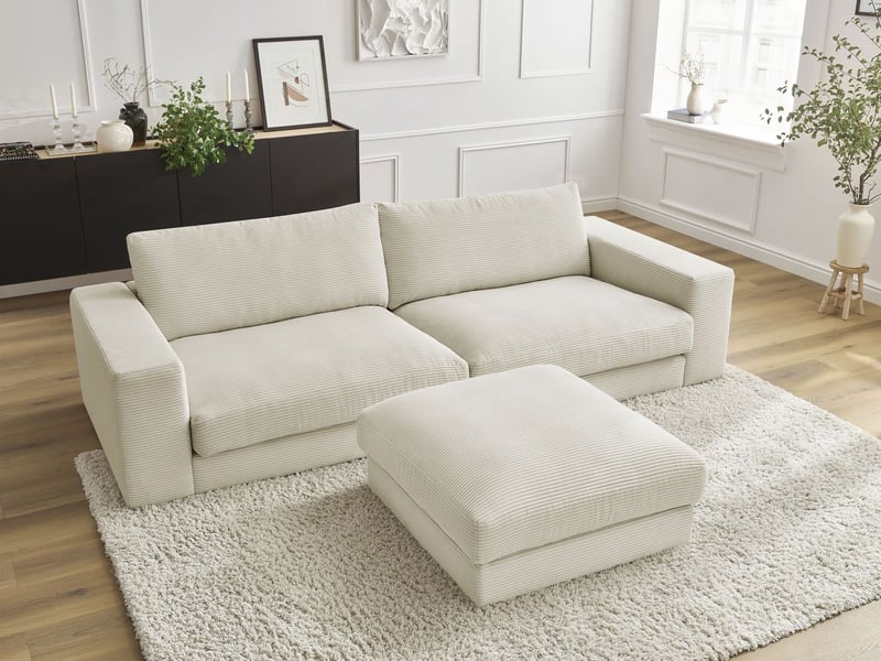  Bobochic canapé droit fixe 3 places leonard velours côtelé avec pouf beige LEONARD - Conforama D