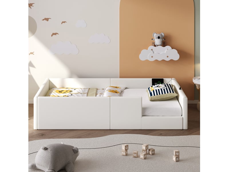  Lit enfant simple 90x200 cm, station recharge usb + type-c, barrière protection, mdf + pu, blanc sans matelas  - Conforama D