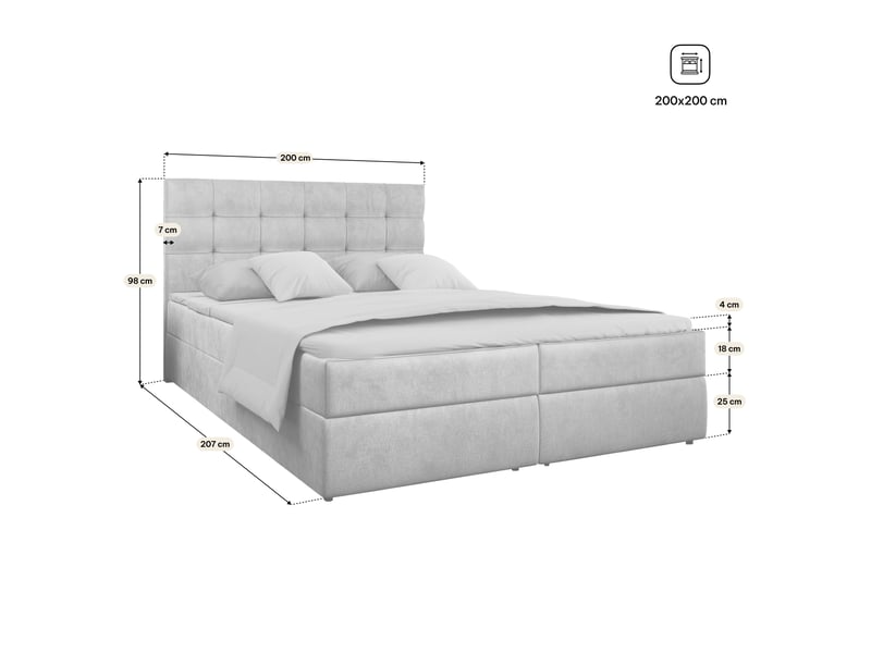  Boxspring glos 200x200 cm, lit complet avec matelas, gris  - Conforama E