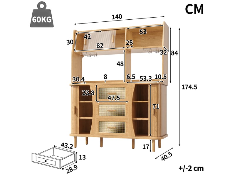 Buffet haut avec 3 tiroirs, niches et portes vitrées coulissantes pour cuisine en mdf 140×40,5×174,5 cm bois - Conforama D