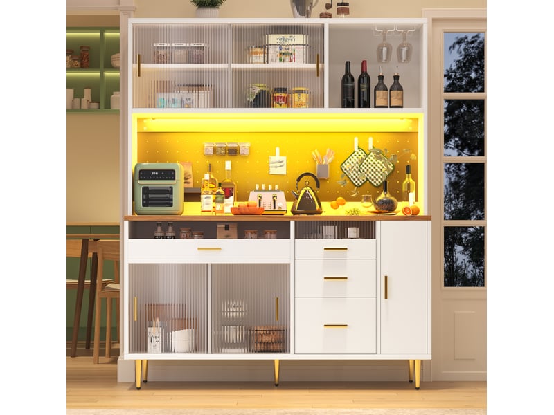 Armoire haute 145x39x171 cm, avec porte coulissante en verre, buffet cuisine vaisselier avec led, mdf, coloris blanc - Conforama D