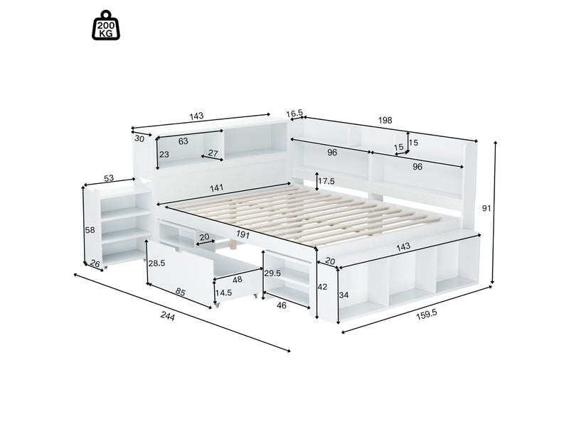 Lit enfant, 140 x 190 cm, lit simple, lit enfant multifonctionnel avec tiroirs et étagères, grand espace de rangement, sommier à lattes, matelas non inclus, blanc.  - Conforama C
