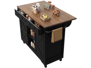 Îlot de cuisine 140x45x94 cm, 2 portes coulissantes, plateau pliable, 3 tiroirs, 1 étagère ouverte, mdf, couleur noir