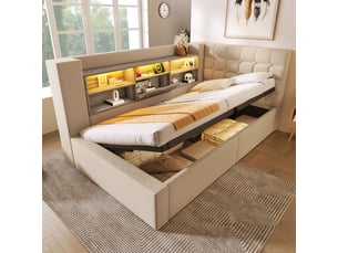 Lit coffre 90 × 190 en lin beige, tête de lit en l réversible, led et usb-c