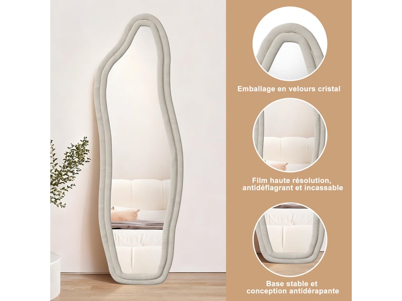 Miroir sur pied – forme organique irrégulière – cadre en velours – miroir en verre trempé haute définition - Conforama D