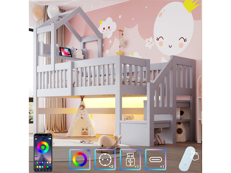 Lit cabane mezzanine enfant 90x200 cm gris en bois avec toit, led, usb, veilleuse, échelle avec rangement et garde-corps Morn Vibe - Conforama D