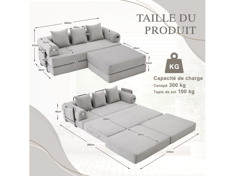  Canapé modulable modenvie 3 places avec pouf velours côtelé gris clair 200 x 190 x 67 cm  - Conforama C