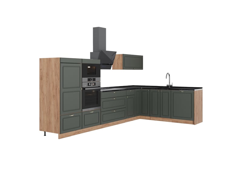  Vicco cuisine en angle, vert or campagnechêne de force doré, 347x51.6cm sans pt  - Conforama A