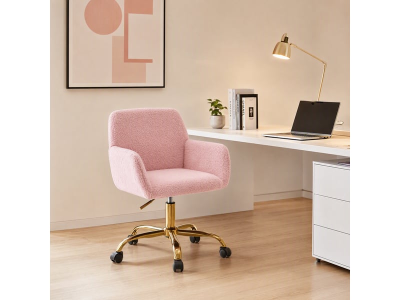Chaise de bureau pivotante 55 x 53 x 76.2-84.3 cm – hauteur réglable avec pieds dorés et roulettes – fausse fourrure - rose - Conforama D