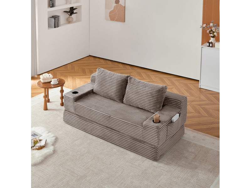  Canapé convertible 2 places avec porte-gobelets, poches latérales et deux coussins en velours côtelé marron  - Conforama B