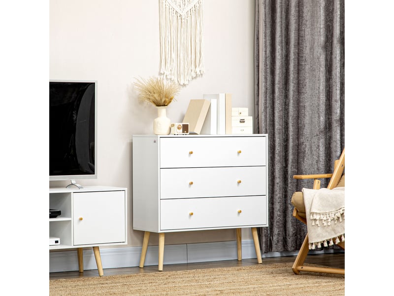  Commode 3 tiroirs design scandinave piètement effilé incliné bois pin panneaux blancblanc 80 x 30 x 80 cm  - Conforama W