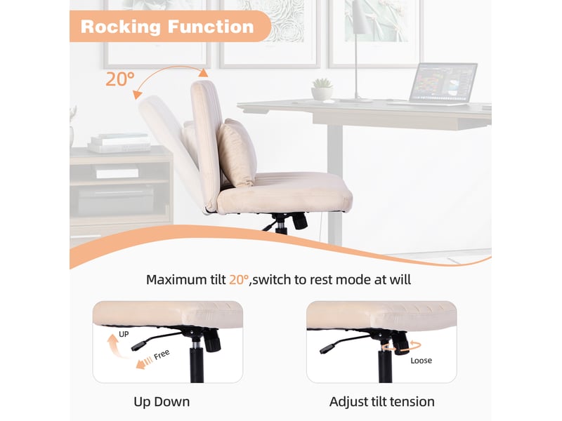 Chaise de bureau pivotante réglable en hauteur avec dossier inclinable, roulettes silencieuses et coussin en tissu beige  - Conforama D