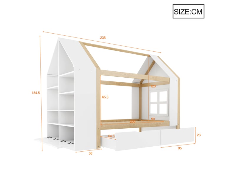  Lit cabane enfant 90x200 cm - 2 tiroirs et rangement - led - lit multifonction en bois - lit 1 place - blanc  - Conforama C