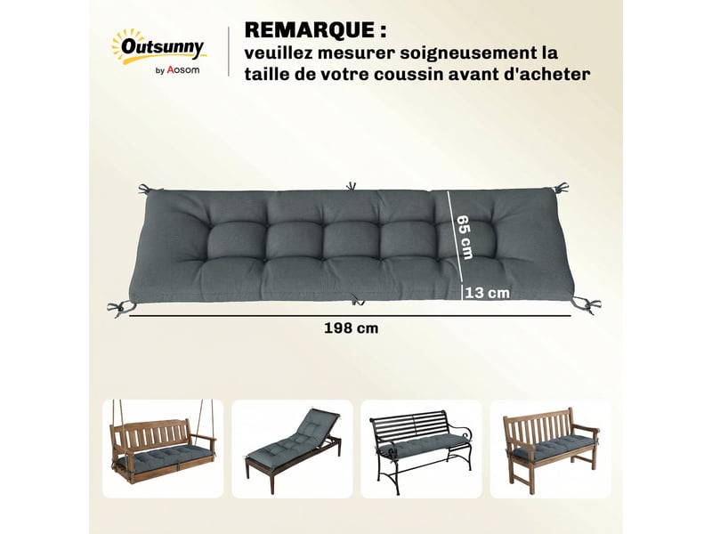  Coussin bain de soleil chaise longue en mousse à mémoire avec sangles, protection uv50+, 198x65x13cm, gris foncé  - Conforama E