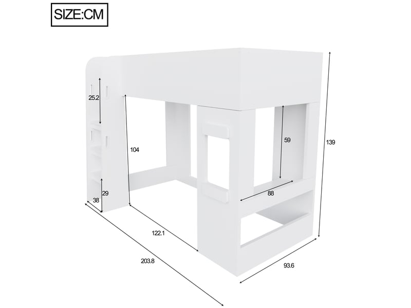  Lit mezzanine enfant 90 × 200 cm 1 place avec bureau, led et échelle sécurisée, sans matelas, blanc  - Conforama D