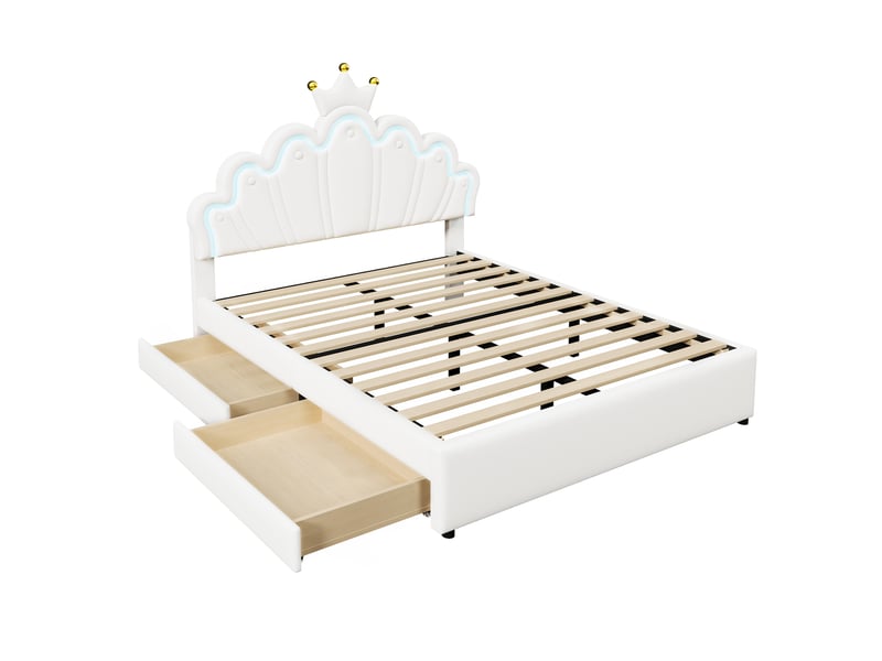 Lit rembourré blanc 140x200 cm style princesse avec led, 2 tiroirs et tête réglable - Conforama E