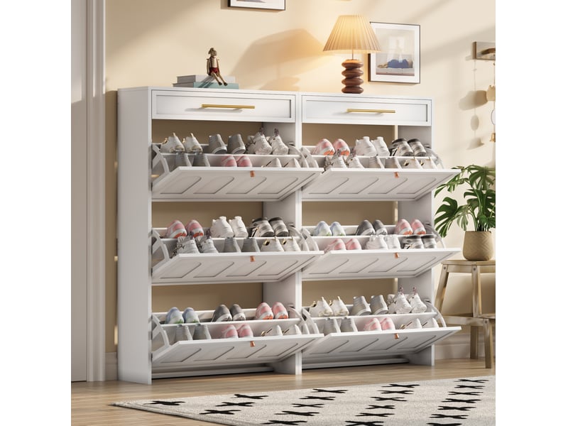  Meuble à chaussures entrée 140x25x123,5 cm, 2 tiroirs et 12 compartiments réglables, gain de place, 36 paires, en panneau mdf, coloris blanc  - Conforama E