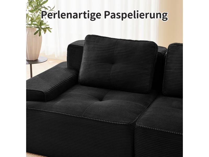 Canapé modulable 3 places noir, canapé panoramique en u avec ottoman, revêtement côtelé, design sans pieds pour salon moderne - Conforama W