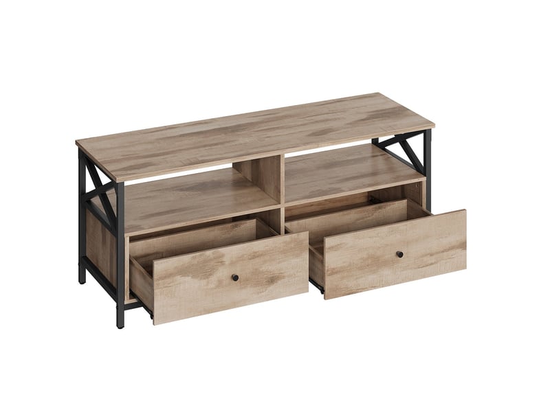  Meuble tv industriel table télé jusqu'à 55 pouces avec 2 tiroirs et 2 étagères ouvertes 120 x 40 x 50 cm pour salon chambre cadre en acier marron rustique et noir 12_0006556  - Conforama A