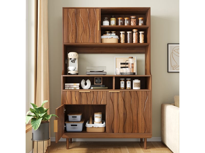Buffet de cuisine - 100 x 32 x 170 cm - meuble de rangement avec portes, tiroir et niches ouvertes - finition bois noyer - Conforama D