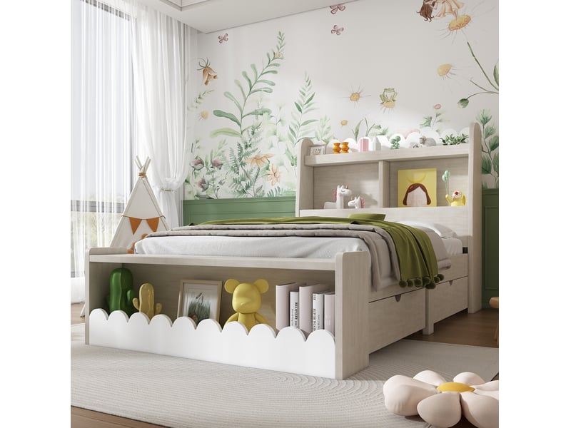  Modenvie lit enfant 90x200 cm - avec tiroirs, etageres et banc coffre, sans matelas - blanc  - Conforama E