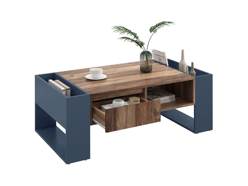  Table basse avec 1 tiroir, 4 niches et rangement double face, en panneaux de particules, noir et gris, 111×60×40 cm - uvrion  - Conforama D